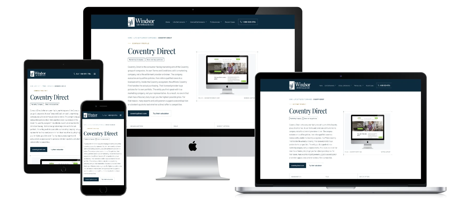 The Coventry Direct company profile on Windsor's site, shown on desktop, laptop, tablet and phone