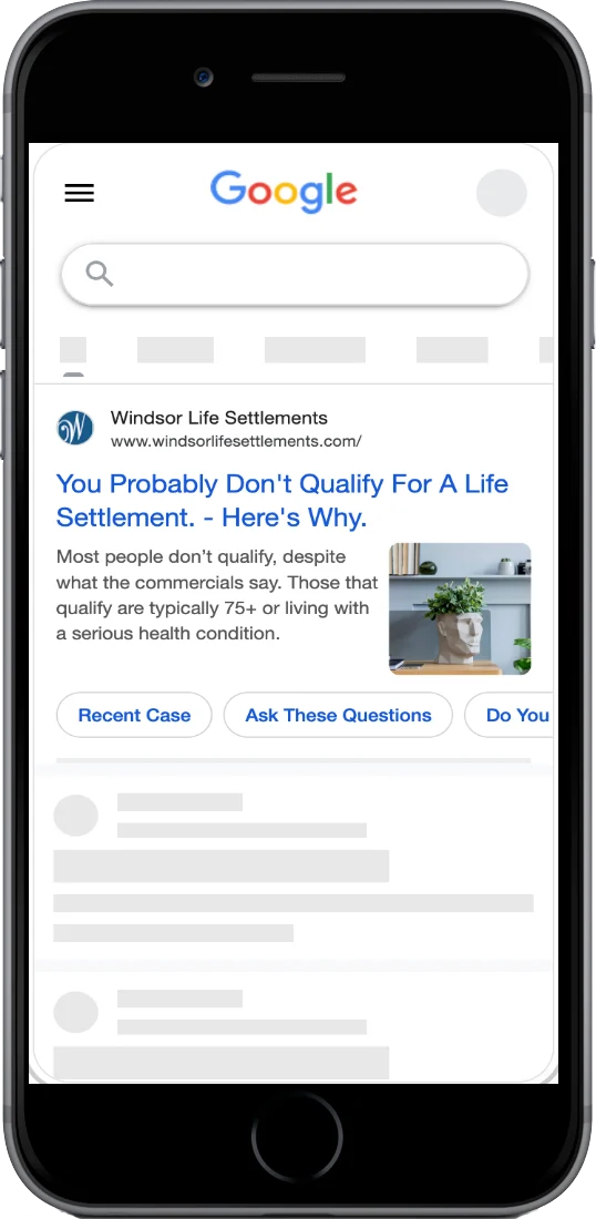 The ad on mobile, with image and sitelinks