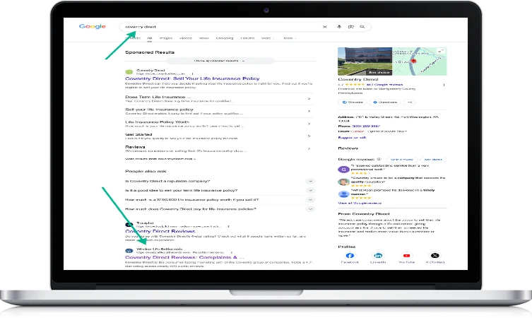 Google results for coventry direct, with Windsor's profile as the second organic result
