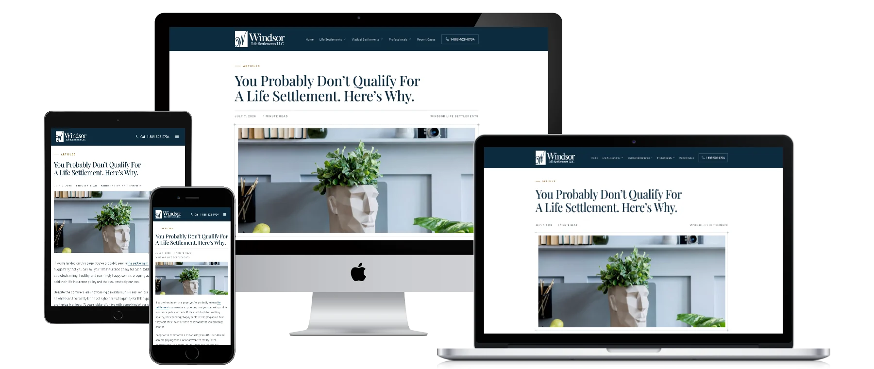 The landing page, You Probably Don't Qualify For A Life Settlement. Here's Why., on every device
