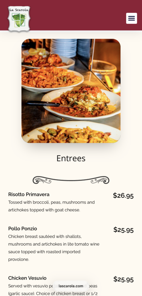 La Scarola menu page on a phone