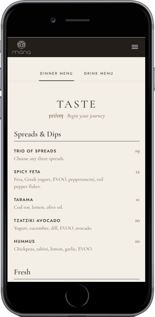 màna menu page on a phone
