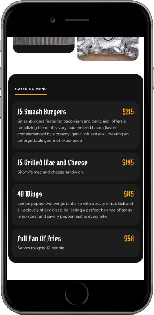 Shorty's 312 menu page on a phone