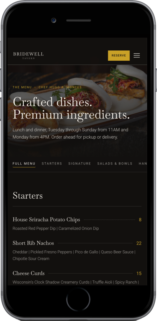 Bridewell Tavern menu page on a phone