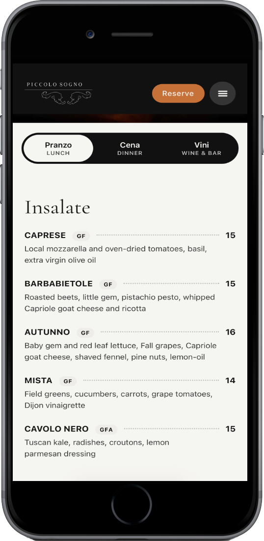 Piccolo Sogno menu page on a phone